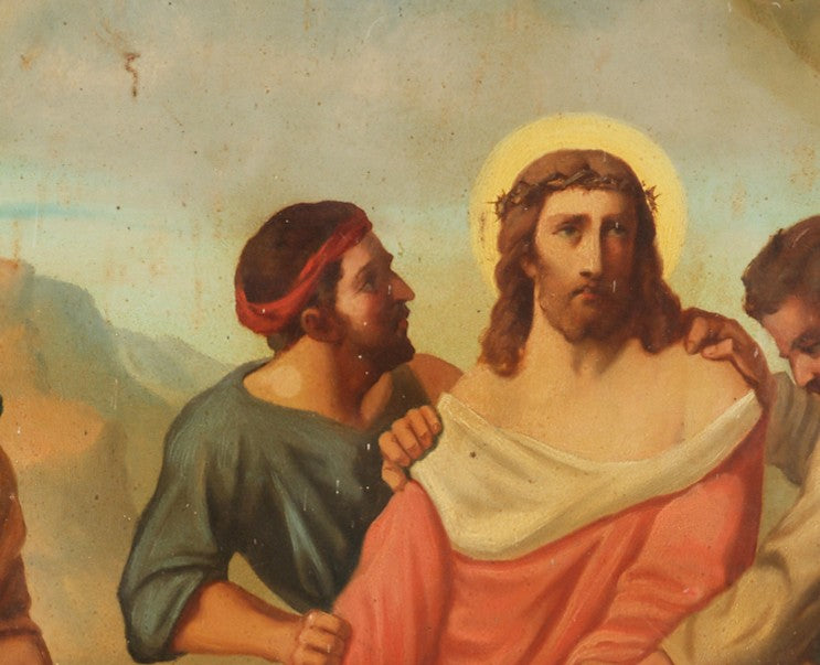 Antique 19th century Oil Painting on metal, Jesus stripped of his Garments