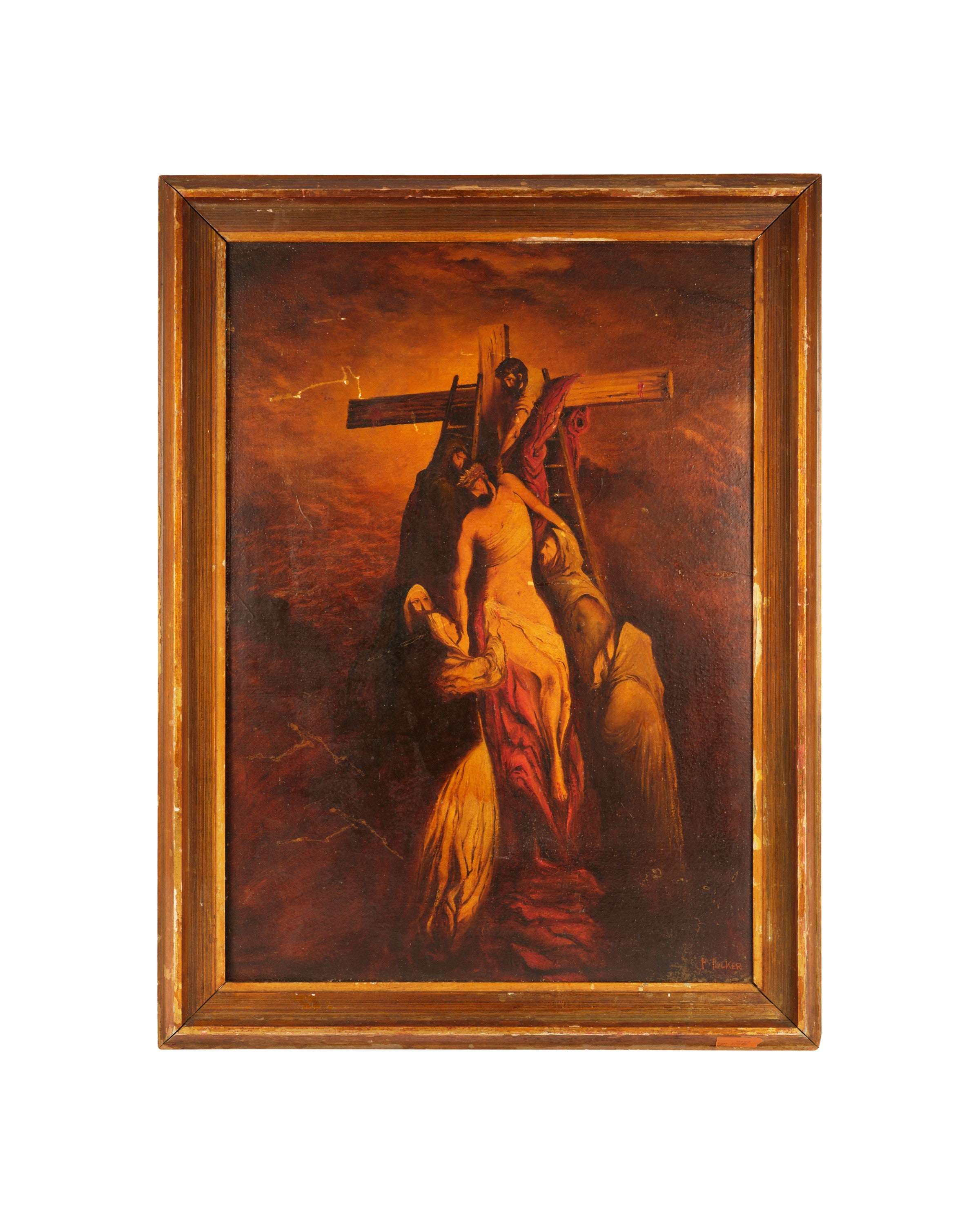 Antique 19th century oil painting 'Descending from the cross' framed and signed