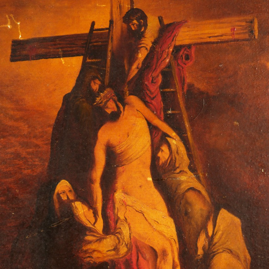 Antique 19th century oil painting 'Descending from the cross' framed and signed
