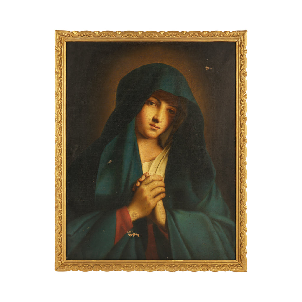 Antique painting Virgin Mary 19th century Madonna in Prayer, T.Berti