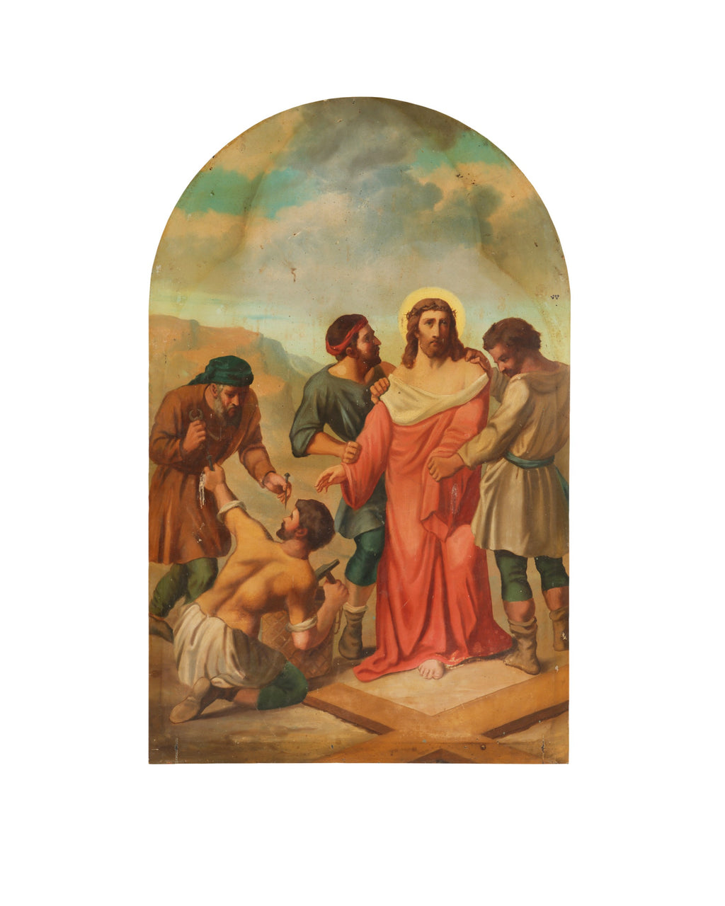 Antique 19th century Oil Painting on metal, Jesus stripped of his Garments