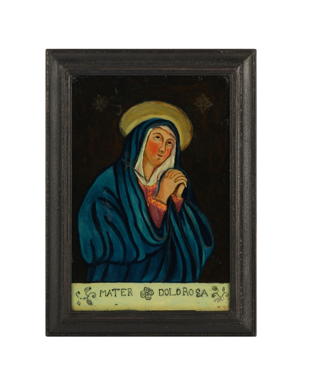 Antique 19th century fixed oil painting on reverse glass Mater dolorasa