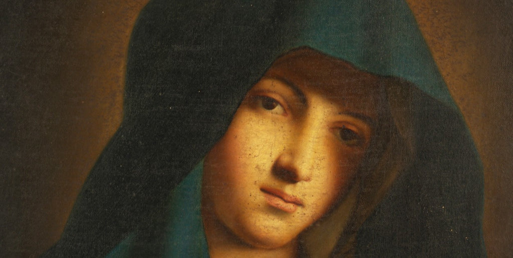 Antique painting Virgin Mary 19th century Madonna in Prayer, T.Berti